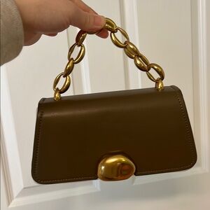 Charles & Keith Green/Brown Handbag with Gold Accents